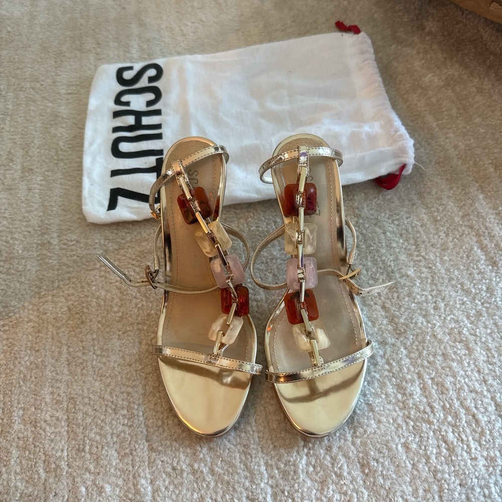 Schutz Cassandra Platina Metallic Ankle Strap High Heel Sandals - Picture 3 of 6
